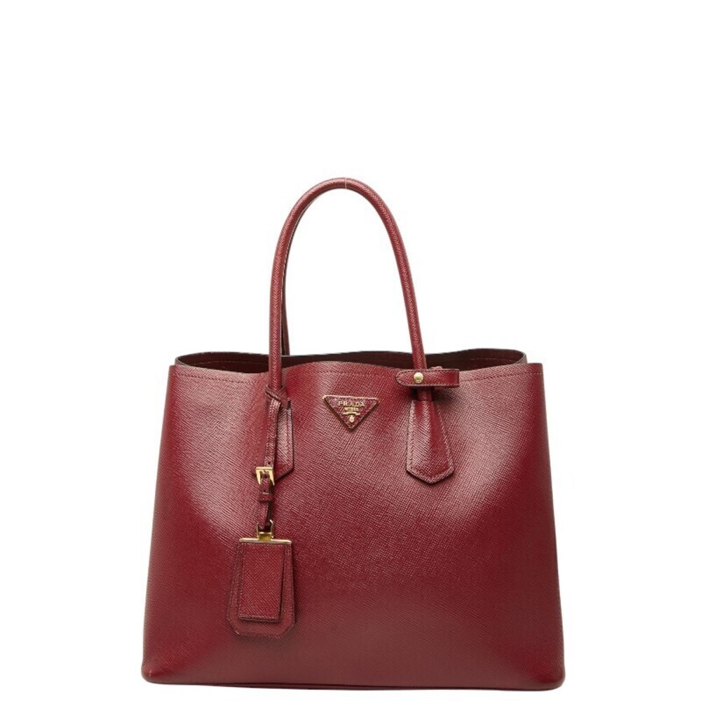 Prada Triangle Plate Saffiano Double Tote Bag Handbag Wine Red Leather